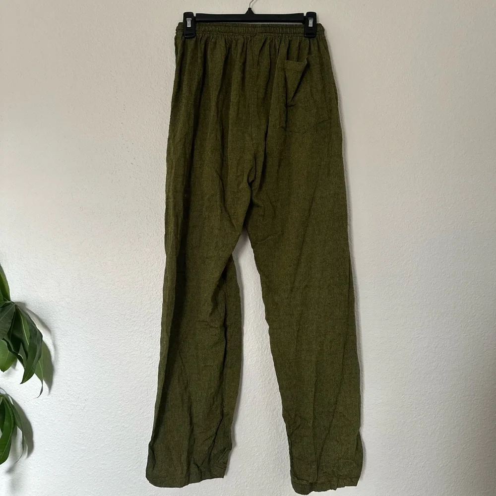 Nepal Drawstring Olive Green Pants Bohemian Handmade Pants os small - Picture 2 of 3